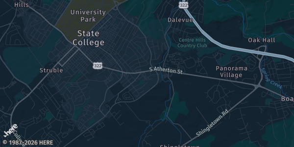 Map of State College, PA. The exact address of Ramada Hotel is not known, so the map shows the area rather than a specific building.