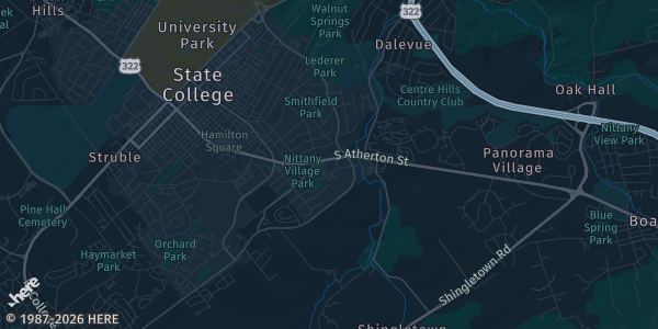 Map of State College, PA. The exact address of Ramada Hotel is not known, so the map shows the area rather than a specific building.