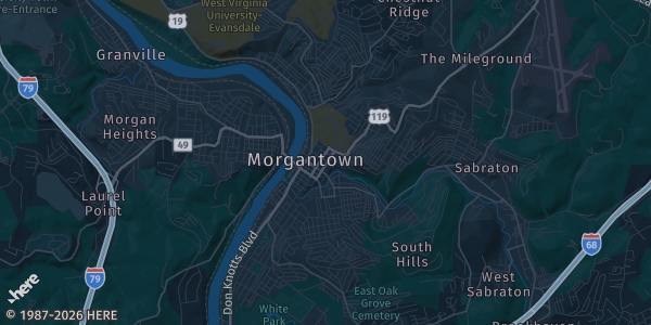 Map of Morgantown, WV. The exact address of Morgantown Mall is not known, so the map shows the area rather than a specific building.