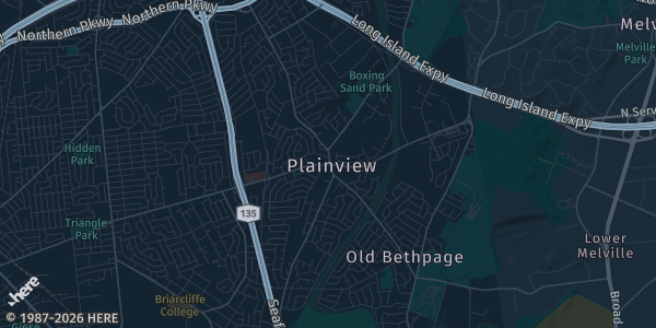 Map of Plainview, NY. The exact address of Plainview Holiday Inn is not known, so the map shows the area rather than a specific building.