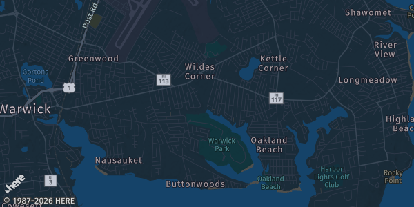 Map of Warwick, RI. The exact address of Crowne Plaza Hotel is not known, so the map shows the area rather than a specific building.
