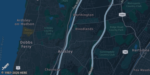 Map of Ardsley, NY. The exact address of Concord Road Elementary School is not known, so the map shows the area rather than a specific building.