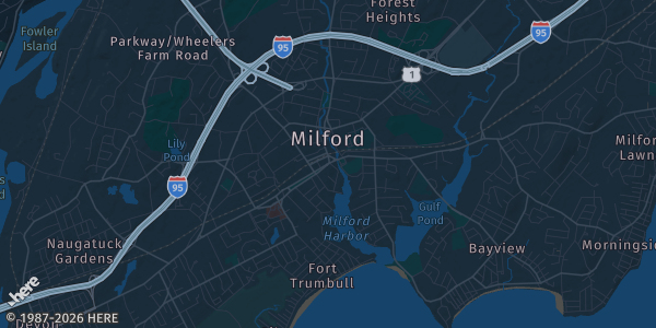 Map of Milford, CT. The exact address of Milford Elks Lodge is not known, so the map shows the area rather than a specific building.