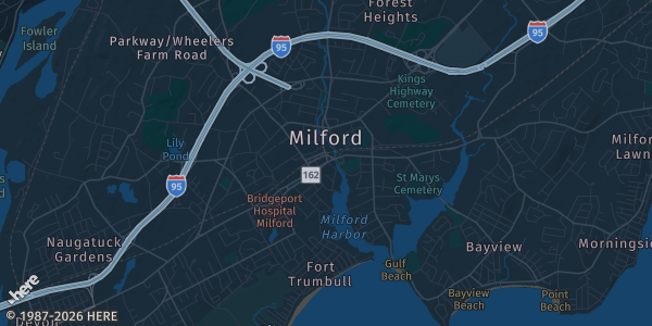Map of Milford, CT. The exact address of Milford Elks Lodge is not known, so the map shows the area rather than a specific building.
