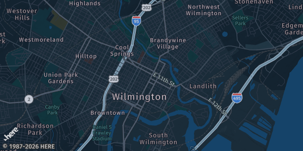Map of Wilmington, DE. The exact address of Chambers Memorial Hall/Millcreek Fire Hall is not known, so the map shows the area rather than a specific building.