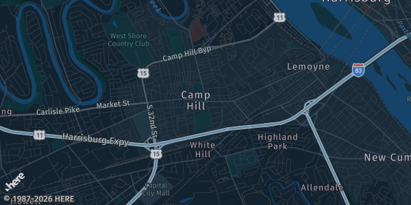 Map of Camp Hill, PA. The exact address of Capital City Mall is not known, so the map shows the area rather than a specific building.