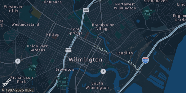 Map of Wilmington, DE. The exact address of Chambers Memorial Hall/Millcreek Fire Hall is not known, so the map shows the area rather than a specific building.