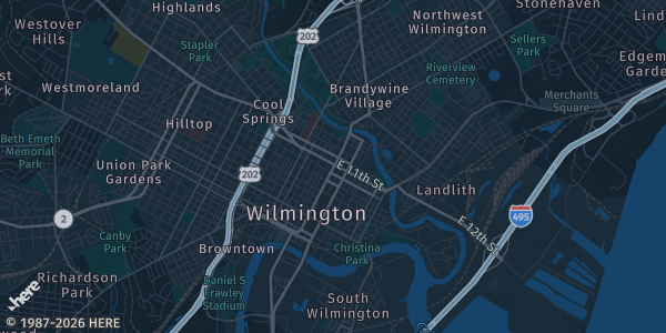 Map of Wilmington, DE. The exact address of Chambers Memorial Hall/Millcreek Fire Hall is not known, so the map shows the area rather than a specific building.