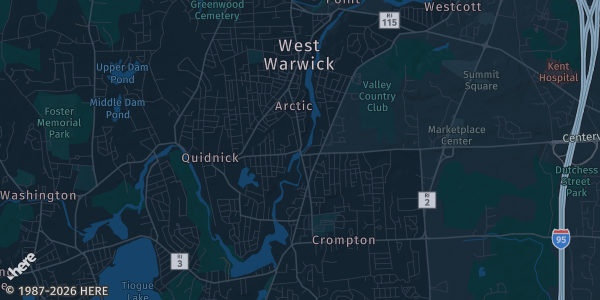 Map of West Warwick, RI. The exact address of Phenix Sportsman Club is not known, so the map shows the area rather than a specific building.