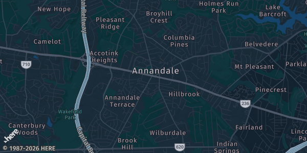 Map of Annandale, VA. The exact address of Annandale Virginia Fire house Expo Hal is not known, so the map shows the area rather than a specific building.