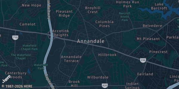 Map of Annandale, VA. The exact address of Annandale Virginia Fire house Expo Hal is not known, so the map shows the area rather than a specific building.