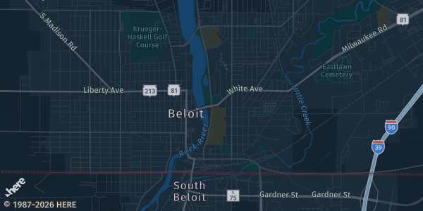 Map of Beloit, WI. The exact address of ABC Supply Stadium is not known, so the map shows the area rather than a specific building.