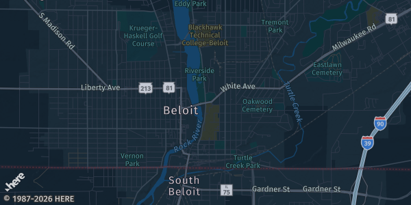 Map of Beloit, WI. The exact address of ABC Supply Stadium is not known, so the map shows the area rather than a specific building.