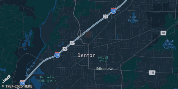 Map of Benton, AR. The exact address of Benton Event Center is not known, so the map shows the area rather than a specific building.