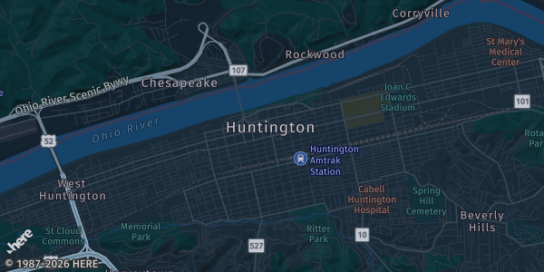 Map of Huntington, WV. The exact address of Huntington Mall is not known, so the map shows the area rather than a specific building.