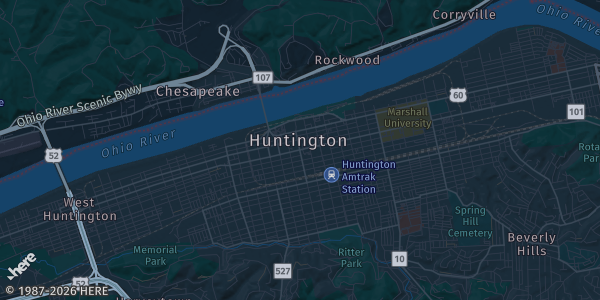 Map of Huntington, WV. The exact address of Huntington Mall is not known, so the map shows the area rather than a specific building.