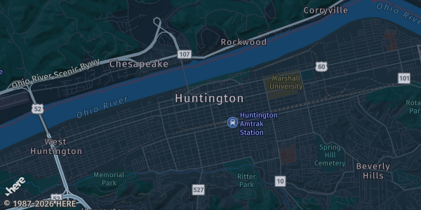 Map of Huntington, WV. The exact address of Huntington Mall is not known, so the map shows the area rather than a specific building.
