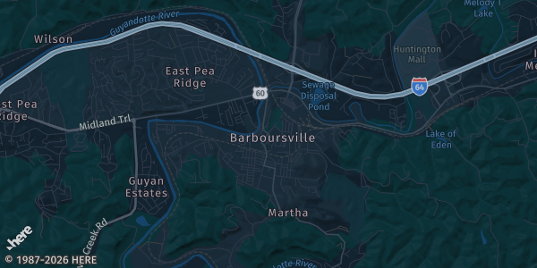 Map of Barboursville, WV. The exact address of Huntington Mall is not known, so the map shows the area rather than a specific building.