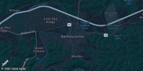 Map of Barboursville, WV. The exact address of Huntington Mall is not known, so the map shows the area rather than a specific building.