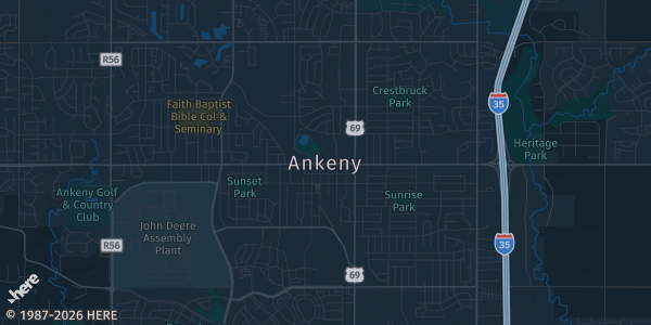 Map of Ankeny, IA. The exact address of Courtyard Inn by Marriott is not known, so the map shows the area rather than a specific building.