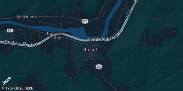Map of Nichols, NY. The exact address of Tioga Downs Casino Resort is not known, so the map shows the area rather than a specific building.