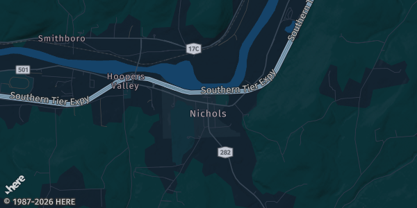 Map of Nichols, NY. The exact address of Tioga Downs Casino Resort is not known, so the map shows the area rather than a specific building.