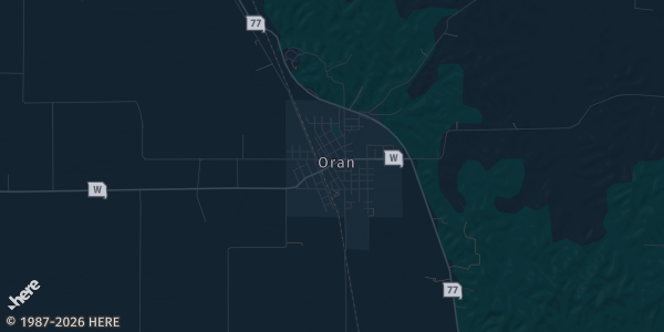 Map of Oran, MO. The exact address of Knights of Columbus is not known, so the map shows the area rather than a specific building.