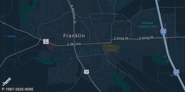 Map of Franklin, IN. The exact address of Johnson County Shrine Club is not known, so the map shows the area rather than a specific building.