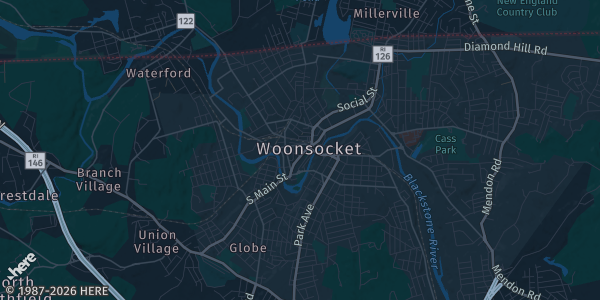 Map of Woonsocket, RI. The exact address of Elks Hall is not known, so the map shows the area rather than a specific building.