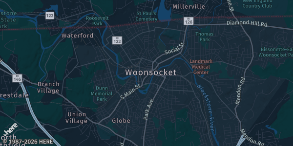 Map of Woonsocket, RI. The exact address of Elks Hall is not known, so the map shows the area rather than a specific building.