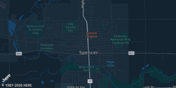 Map of St. Spencer, IA. The exact address of Clay County Fair Events Center is not known, so the map shows the area rather than a specific building.