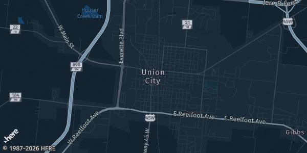 Map of Union City, TN. The exact address of Discovery Park of America is not known, so the map shows the area rather than a specific building.