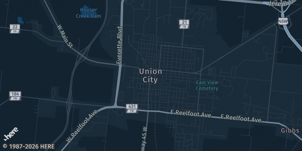 Map of Union City, TN. The exact address of Discovery Park of America is not known, so the map shows the area rather than a specific building.