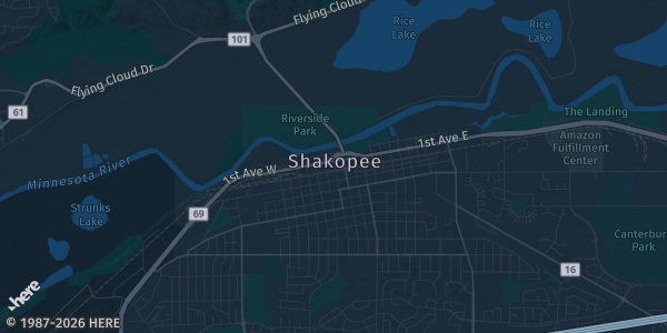 Map of Shakopee, MN. The exact address of Shakopee Bowl is not known, so the map shows the area rather than a specific building.