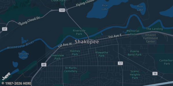 Map of Shakopee, MN. The exact address of Shakopee Bowl is not known, so the map shows the area rather than a specific building.