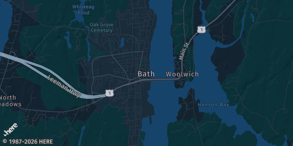 Map of Bath, ME. The exact address of Bath Recreation Gym is not known, so the map shows the area rather than a specific building.