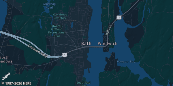 Map of Bath, ME. The exact address of Bath Recreation Gym is not known, so the map shows the area rather than a specific building.