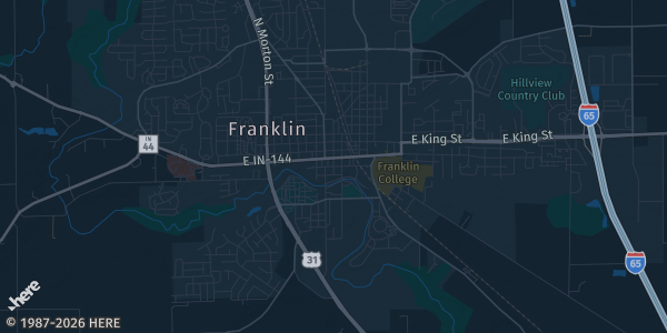 Map of Franklin, IN. The exact address of Johnson County Shrine Club is not known, so the map shows the area rather than a specific building.