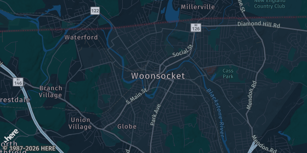 Map of Woonsocket, RI. The exact address of Elks Hall is not known, so the map shows the area rather than a specific building.