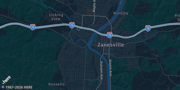 Map of Zanesville, OH. The exact address of Muskingum County Fairgrounds is not known, so the map shows the area rather than a specific building.