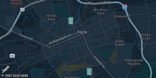 Map of York, PA. The exact address of York Expo Center is not known, so the map shows the area rather than a specific building.