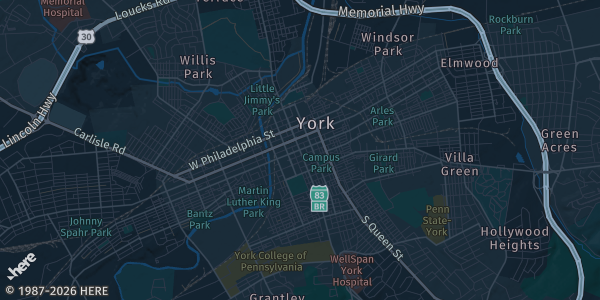 Map of York, PA. The exact address of York Expo Center is not known, so the map shows the area rather than a specific building.
