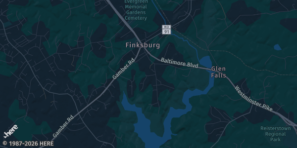 Map of Finksburg, MD. The exact address of Gamber Fire Hall is not known, so the map shows the area rather than a specific building.