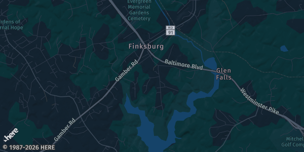 Map of Finksburg, MD. The exact address of Gamber Fire Hall is not known, so the map shows the area rather than a specific building.