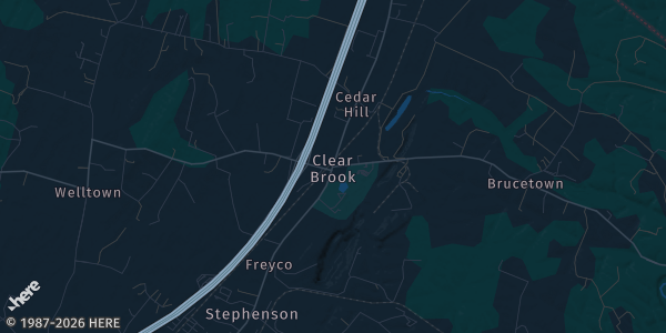 Map of Clear Brook, VA. The exact address of Stonewall District Ruritan Club is not known, so the map shows the area rather than a specific building.