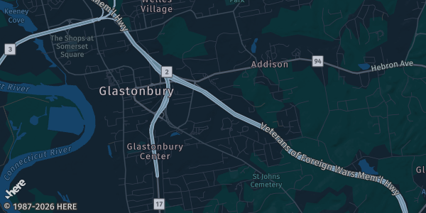 Map of Glastonbury, CT. The exact address of Irish American Home is not known, so the map shows the area rather than a specific building.
