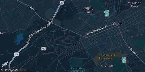Map of York, PA. The exact address of Sports Cards is not known, so the map shows the area rather than a specific building.