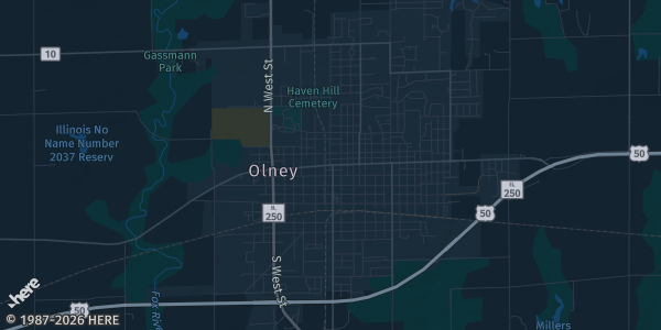 Map of Olney, IL. The exact address of 305 N West St. is not known, so the map shows the area rather than a specific building.