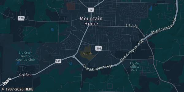 Map of Mountain Home, AR. The exact address of Baxter County Fairgrounds is not known, so the map shows the area rather than a specific building.