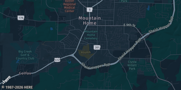 Map of Mountain Home, AR. The exact address of Baxter County Fairgrounds is not known, so the map shows the area rather than a specific building.